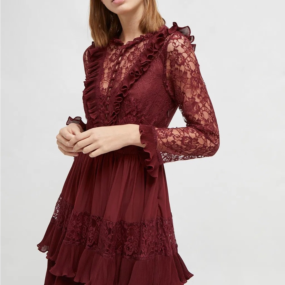 French Connection Clandre Burgundy Lace Ruffle Long-Sleeve Dress